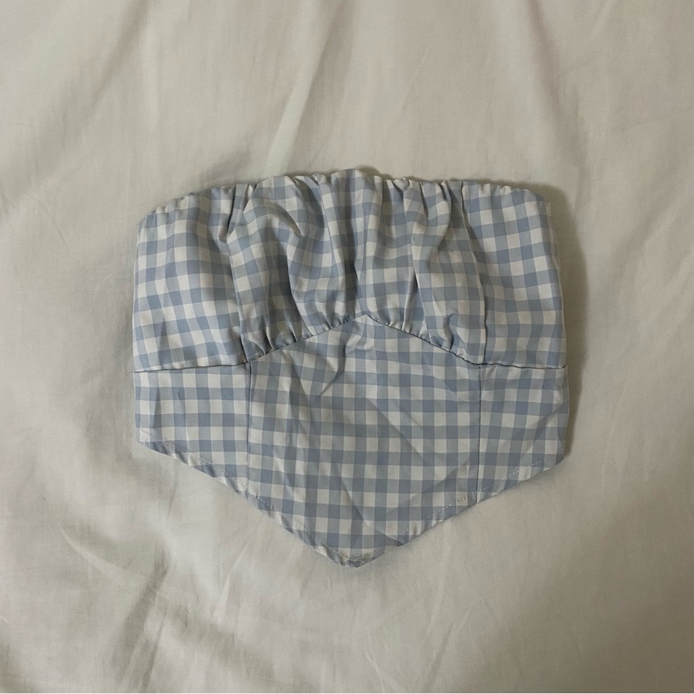 Blue Gingham Checkered Tie Crop Top
